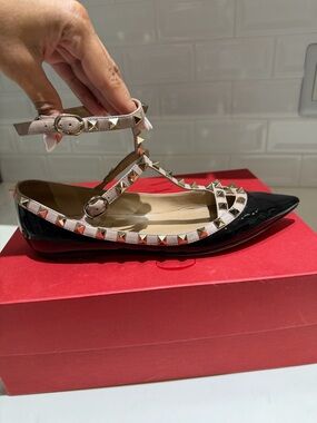 Valentino Garavani Black Patent T-Strap Rockstud Ballet Flat 38